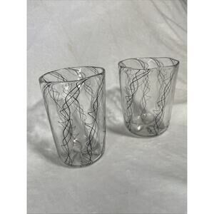 Art Glass, Handmade Drinking Glasses Set 2 With Black/ Gray Swirls Hand Blown